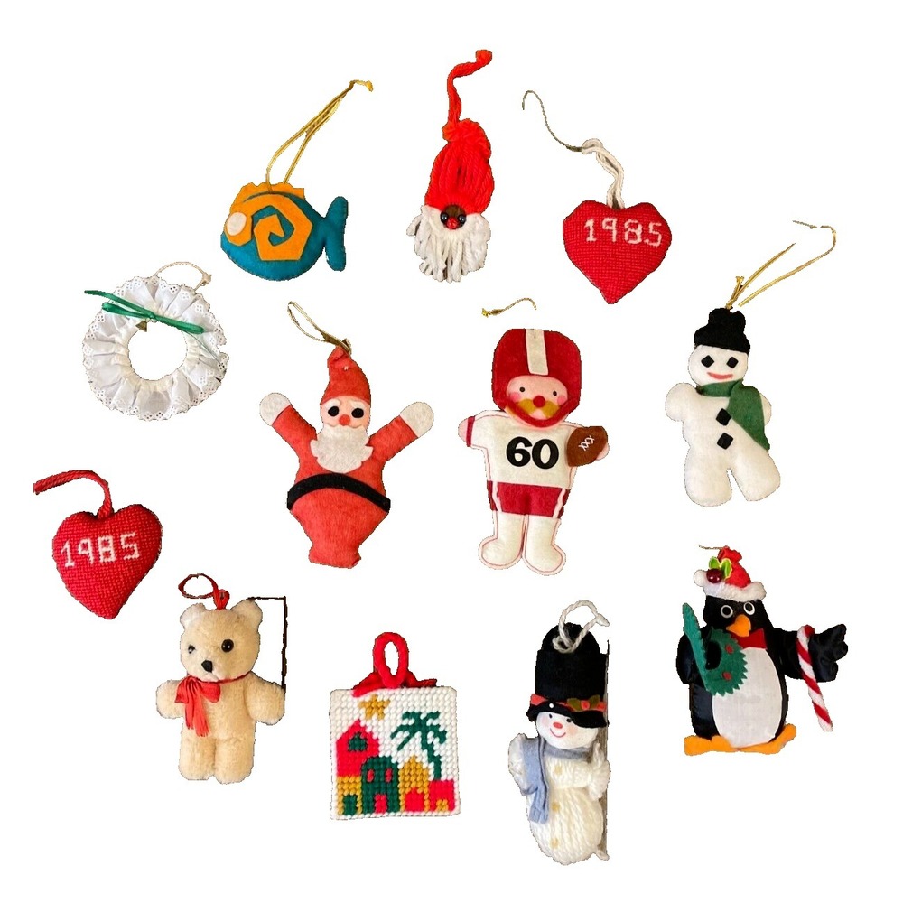 Vintage Christmas Ornaments Handmade Cross Stitchโ Lot Santa Snowman 1970's 80's